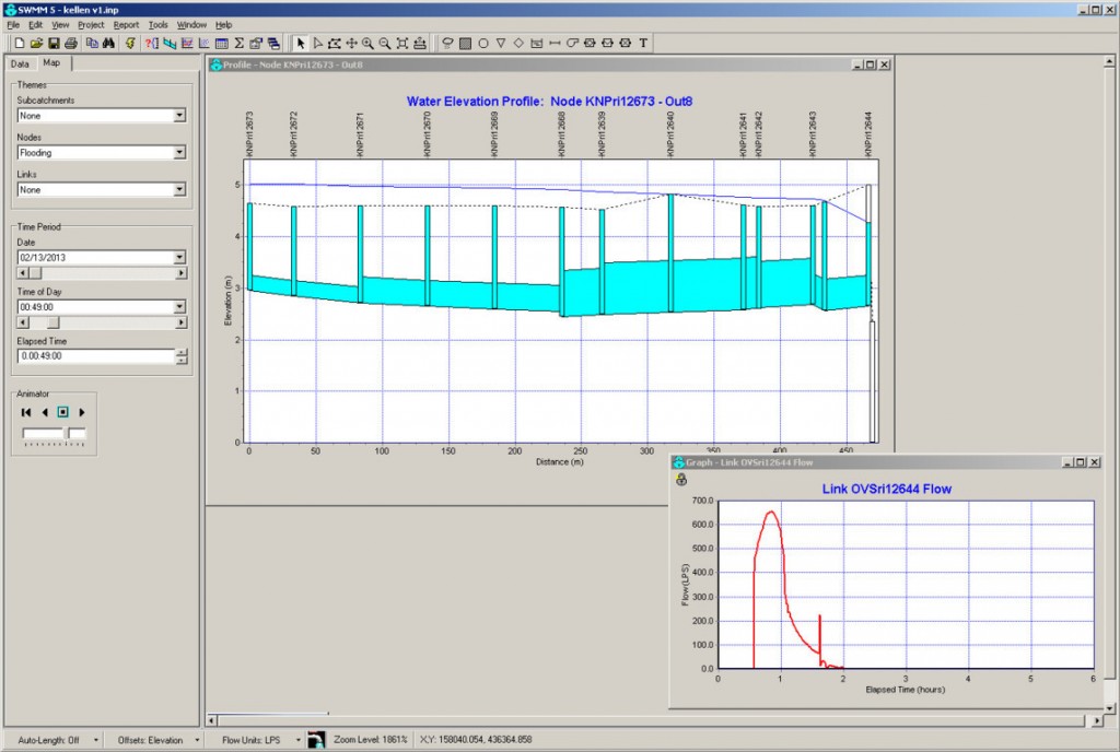 profiel over een hydraulisch overbelaste straat tot aan de dichtstbijzijnde overstort