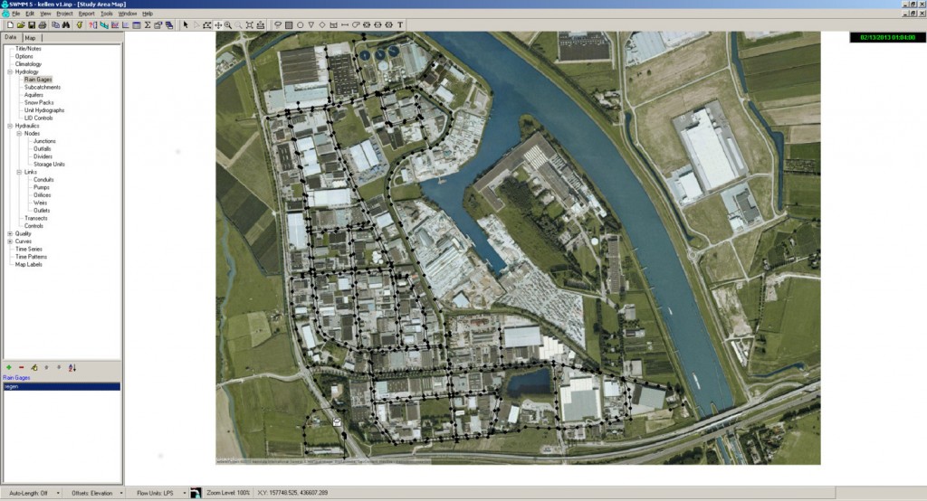 rioolstelsel geprojecteerd op google maps satelietfoto